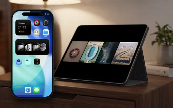 An iPad standing on a bedside table showing the time in aerial photographs, and an iPhone in front with Timeframer widgets on its Home Screen