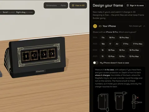 Frame Builder in a browser: a frame on its desk stand in 3D, beside the panel where you choose your iPhone