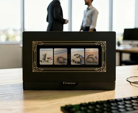 A black frame with gold art deco lines standing on an office desk, the iPhone inside showing the time in sand-castle digits