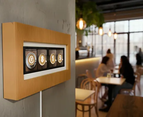 A ribbed oak frame on a café wall, the iPhone inside showing the time in round metallic digits