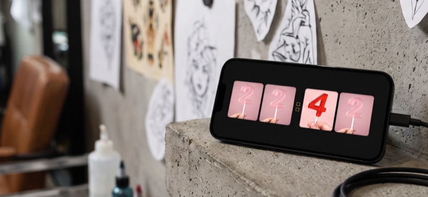 An iPhone on a concrete ledge in a tattoo studio, showing the time in pink lollipop digits