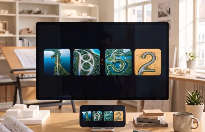 Remote Control: a phone on the desk and the monitor above it showing the same aerial-road digits
