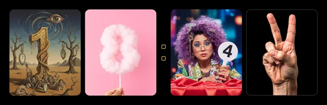 A Mixframe reading 18:42, every digit from a different set: a 1 painted as a melting Dalí landscape, an 8 of pink cotton candy, a juror holding up a 4, and a hand making a 2.
