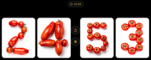 A 25-minute Pomodoro counting down on the flip clock at 24:53, every digit laid out in tomatoes on white.